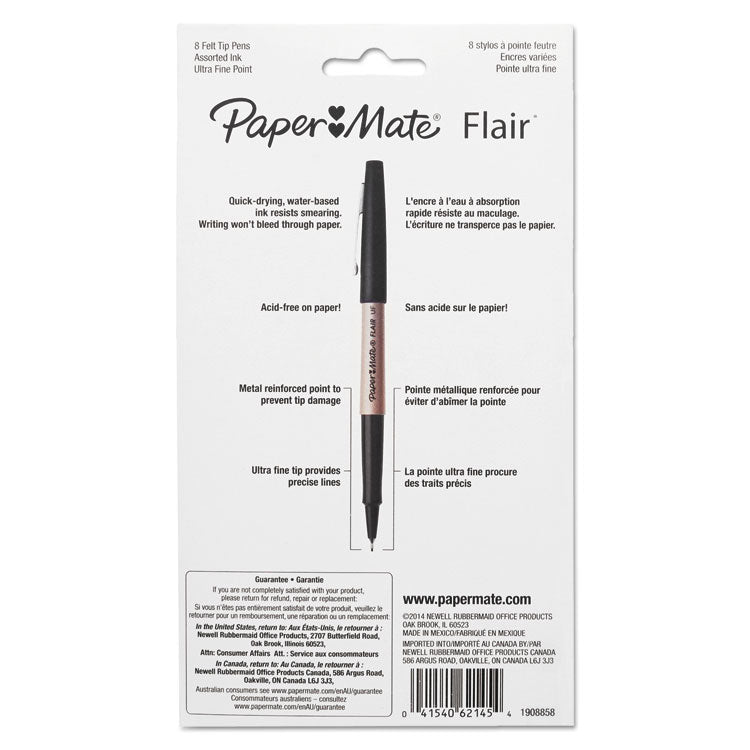 Flair Felt Tip Porous Point Pen, Stick, Ultra-Fine 0.4 mm, Assorted Ink and Barrel Colors, 8/Pack