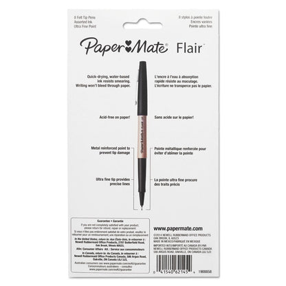 Flair Felt Tip Porous Point Pen, Stick, Ultra-Fine 0.4 mm, Assorted Ink and Barrel Colors, 8/Pack