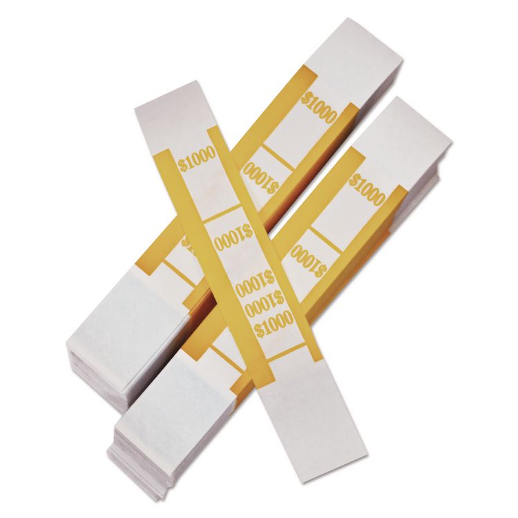 Color-Coded Kraft Currency Straps, Self-Adhesive, Tens, $1,000 Strap, Yellow/White, 1,000/Pack