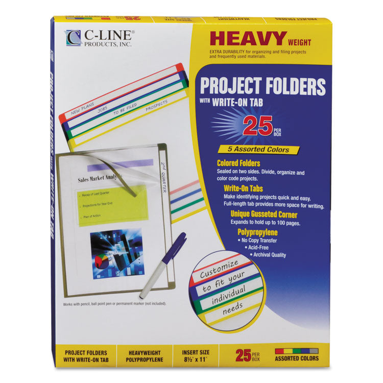 Write-On Project Folders, Straight Tab, Letter Size, Assorted Colors, 25/Box