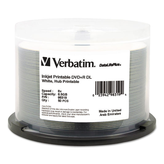 DVD+R Dual Layer Printable Recordable Disc, 8.5 GB, 8x, Spindle, White, 50/Pack