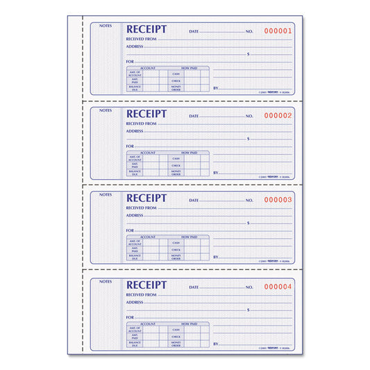 Money Receipt Book, Softcover, Two-Part Carbonless, 7 x 2.75, 4 Forms/Sheet, 200 Forms Total