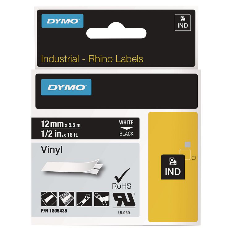 Rhino Permanent Vinyl Industrial Label Tape, 0.5" x 18 ft, Black/White Print