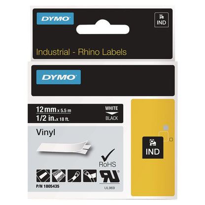Rhino Permanent Vinyl Industrial Label Tape, 0.5" x 18 ft, Black/White Print