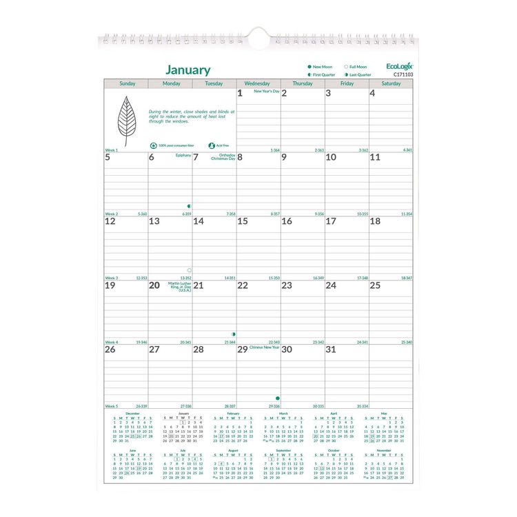 EcoLogix Monthly Wall Calendar, EcoLogix Artwork, 12 x 17, White/Green Sheets, 12-Month (Jan to Dec): 2026