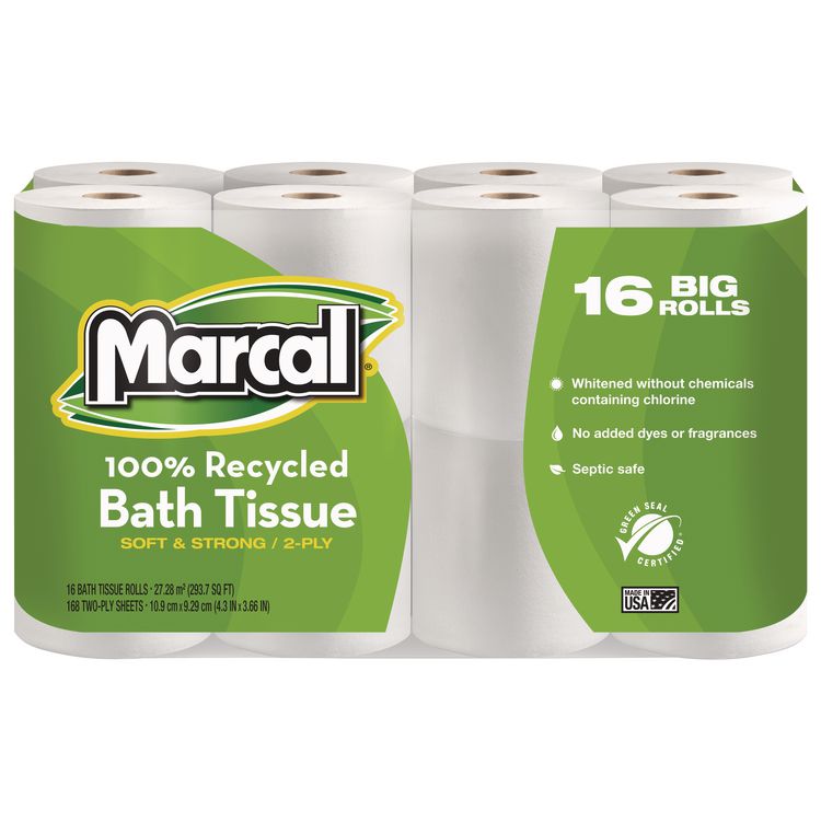 100% Recycled Two-Ply Bath Tissue, Septic Safe, White, 168 Sheets/Roll, 16 Rolls/Pack