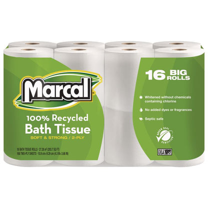100% Recycled Two-Ply Bath Tissue, Septic Safe, White, 168 Sheets/Roll, 96 Rolls/Carton