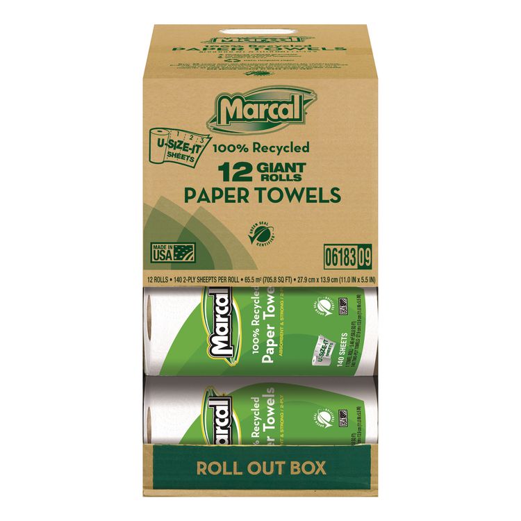 100% Premium Recycled Kitchen Roll Towels, Roll Out Box, 2 Ply, 11 x 5.5, White, 140 Sheets, 12 Rolls/Carton