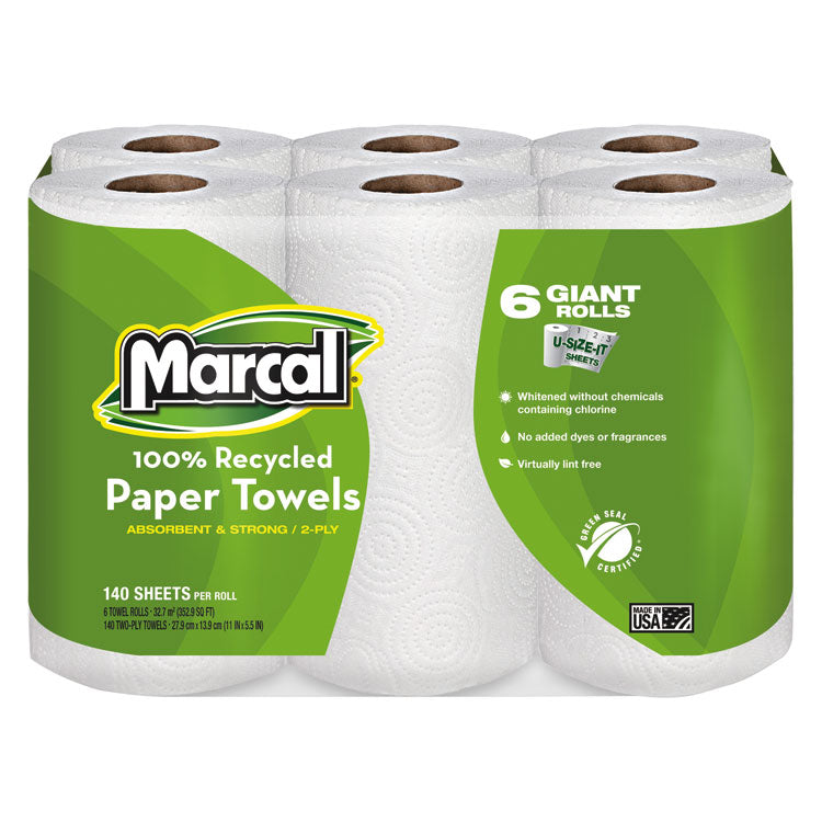 100% Premium Recycled Kitchen Roll Towels, 2 Ply, 11 x 5.5, White, 140/Roll, 24 Rolls/Carton