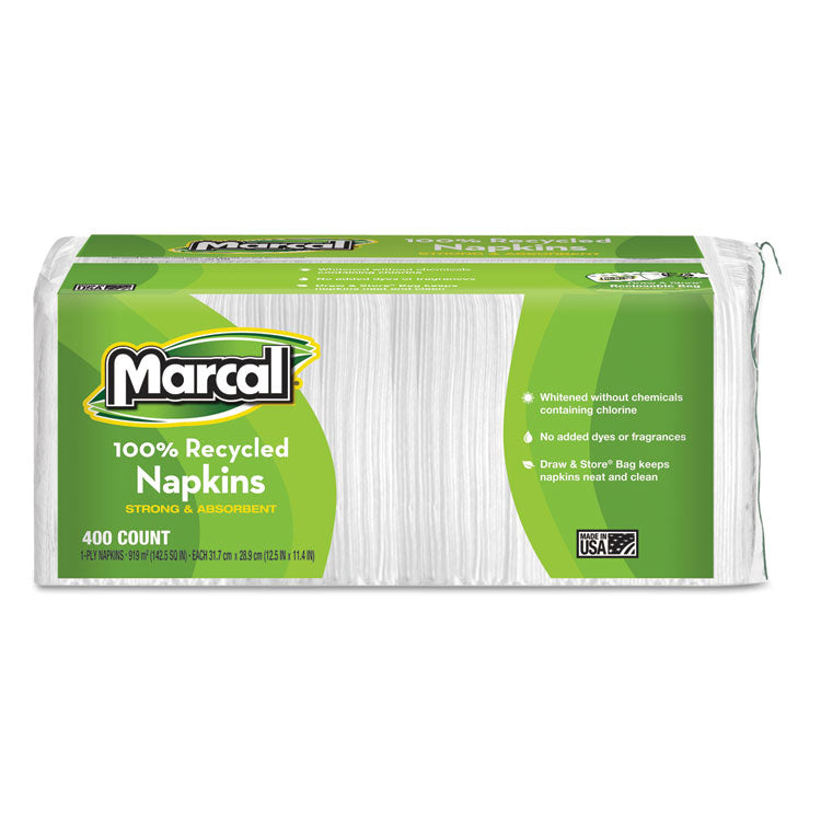 100% Recycled Luncheon Napkins, 1-Ply, 11.4 x 12.5, White, 400/Pack