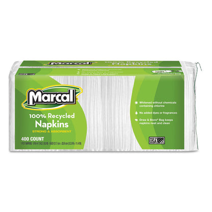 100% Recycled Luncheon Napkins, 1-Ply, 11.4 x 12.5, White, 400/Pack