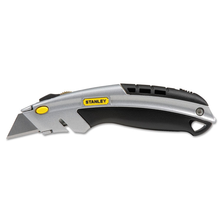 Curved Quick-Change Utility Knife, Stainless Steel Retractable Blade, 3 Blades, 6.63" Metal Handle, Black/Chrome