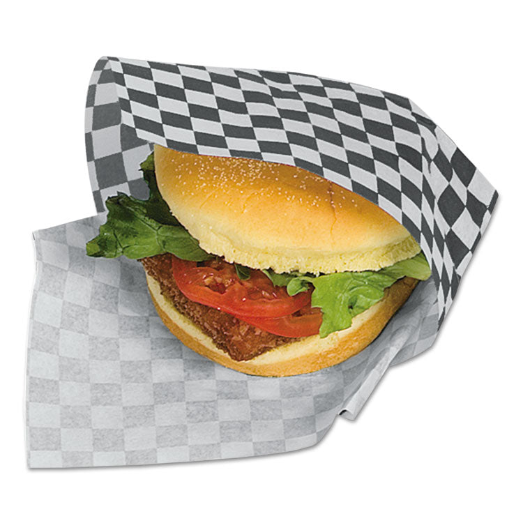 Grease-Resistant Paper Wraps and Liners, 12" x 12", Black Check, 1000/Box, 5 Boxes/Carton