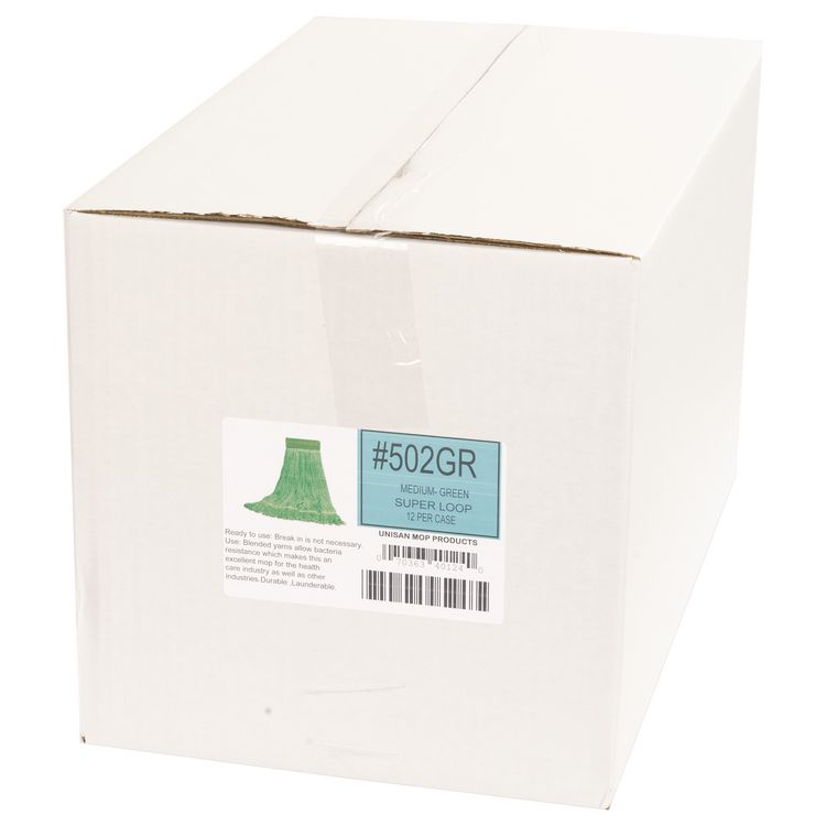 Super Loop Wet Mop Head, Cotton/Synthetic Fiber, 5" Headband, Medium Size, Green, 12/Carton