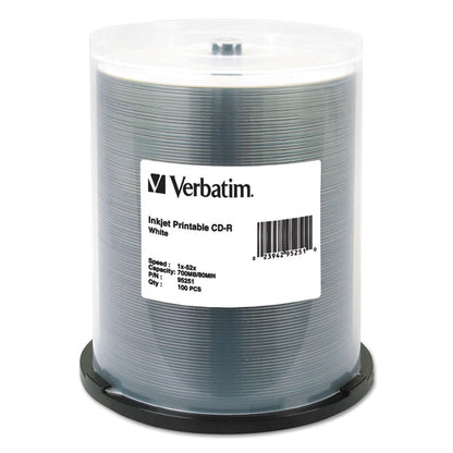 CD-R Printable Recordable Disc, 700 MB/80 Minute, 52x, Spindle, White, 100/Pack