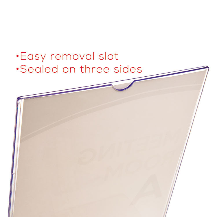 Superior Image Slanted Sign Holder with Business Card Holder, 8.5w x 4.5d x 11h, Clear