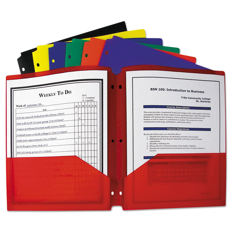 Two-Pocket Heavyweight Poly Portfolio Folder with Three-Hole Punch, Accommodates 11 x 8.5 Sheets, Randomly Assorted Colors