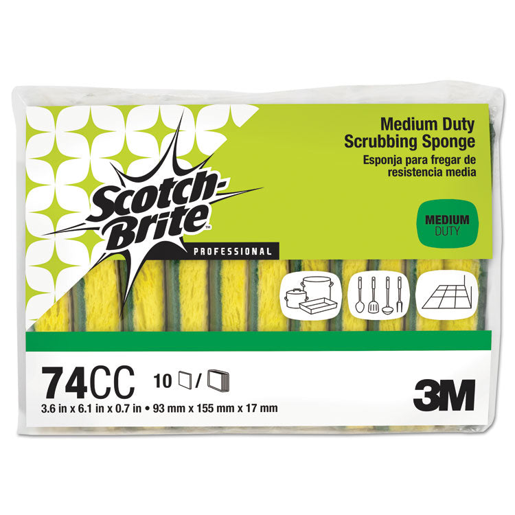 Medium-Duty Scrubbing Sponge 74, 3.6 x 6.1, 0.7" Thick, Yellow/Green, 10/Pack