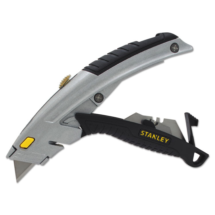 Curved Quick-Change Utility Knife, Stainless Steel Retractable Blade, 3 Blades, 6.63" Metal Handle, Black/Chrome