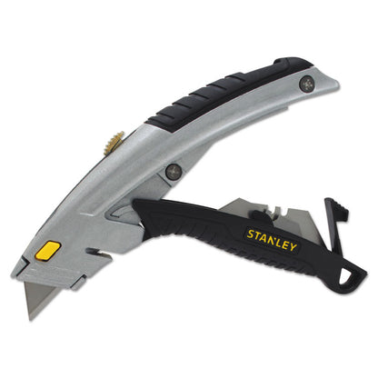 Curved Quick-Change Utility Knife, Stainless Steel Retractable Blade, 3 Blades, 6.63" Metal Handle, Black/Chrome