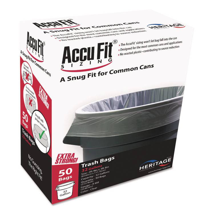 Linear Low Density Can Liners with AccuFit Sizing, 32 gal, 0.9 mil, 33" x 44", Clear, 50 Bags/Box, 6 Boxes/Carton