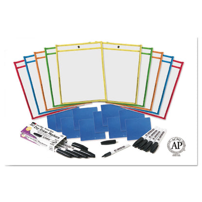 Dry Erase Pocket Class Pack, Heavy-Duty, Side Load 9 x 12 Insert, Clear Front, Assorted Border Colors, 10/Pack