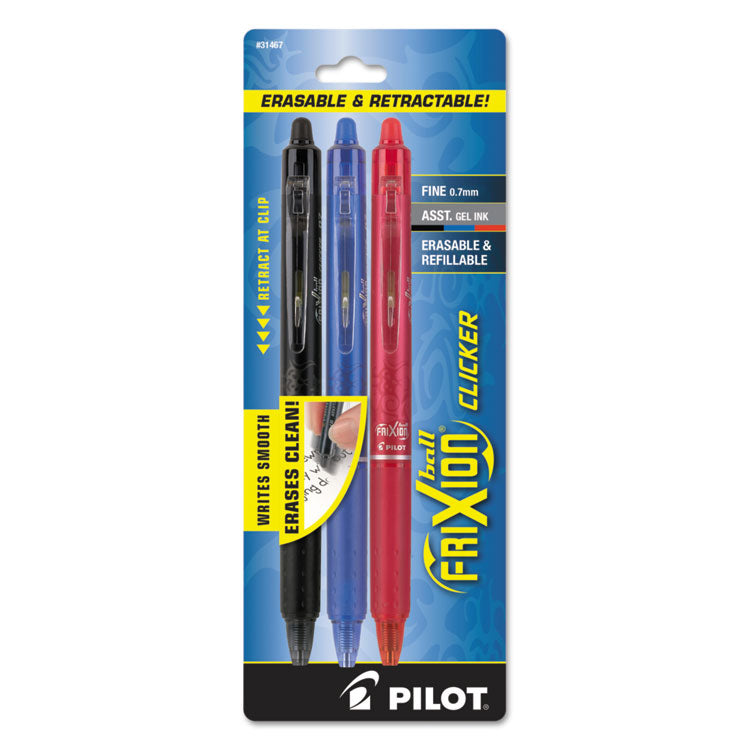 FriXion Clicker Erasable Gel Pen, Retractable, Fine 0.7 mm, Assorted Business Ink and Barrel Colors, 3/Pack