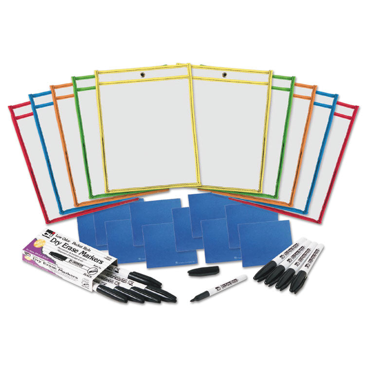 Dry Erase Pocket Class Pack, Heavy-Duty, Side Load 9 x 12 Insert, Clear Front, Assorted Border Colors, 10/Pack