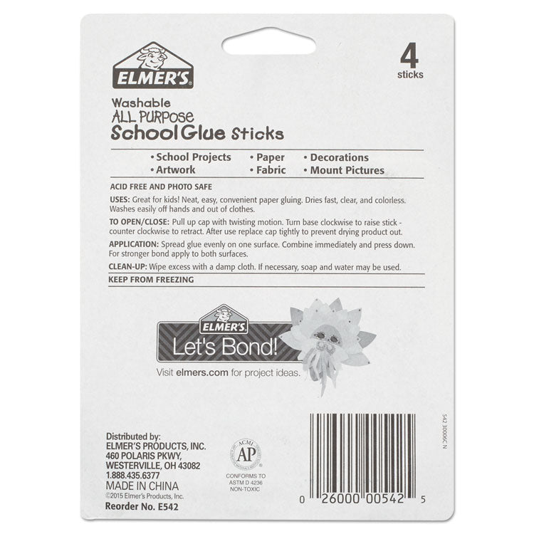 Washable School Glue Sticks, 0.24 oz, Applies and Dries Clear, 4/Pack