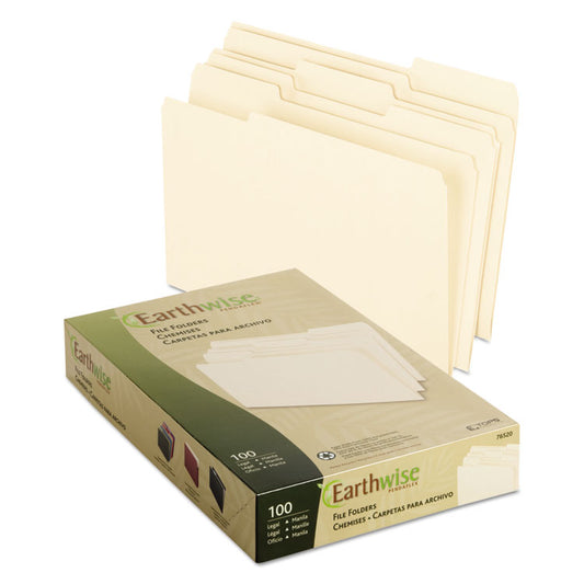 Earthwise by Pendaflex 100% Recycled Manila File Folder, 1/3-Cut Tabs: Assorted, Legal Size, 0.75" Expansion, Manila, 100/Box