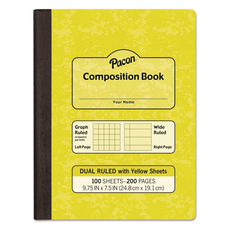 Dual Ruled Composition Book, Left: Quad Rule (4 sq/in), Right: Wide/Legal Rule (3/8"), Yellow Cover, (100) 9.75 x 7.5 Sheets