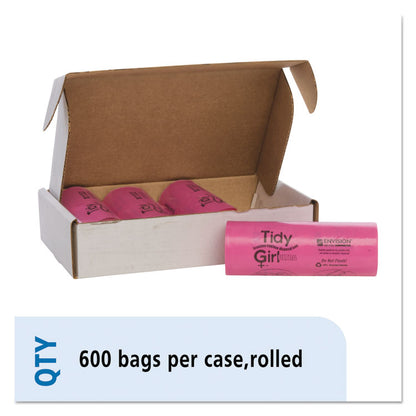 Feminine Hygiene Sanitary Disposal Bags, 4" x 4" x 10", Pink/Black, 150 Bags/Roll, 4 Rolls/Carton