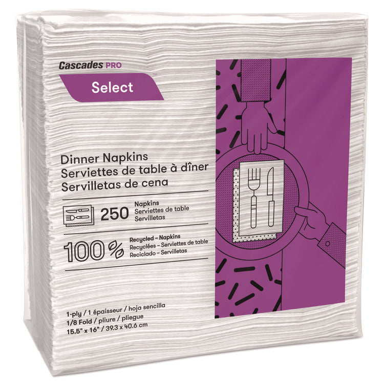 Select Dinner Napkins, 1-Ply, 16 x 15, White, 250/Pack, 12/Carton