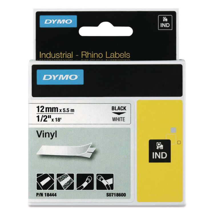 Rhino Permanent Vinyl Industrial Label Tape, 0.5" x 18 ft, White/Black Print