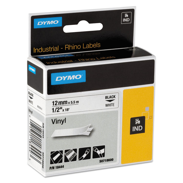 Rhino Permanent Vinyl Industrial Label Tape, 0.5" x 18 ft, White/Black Print