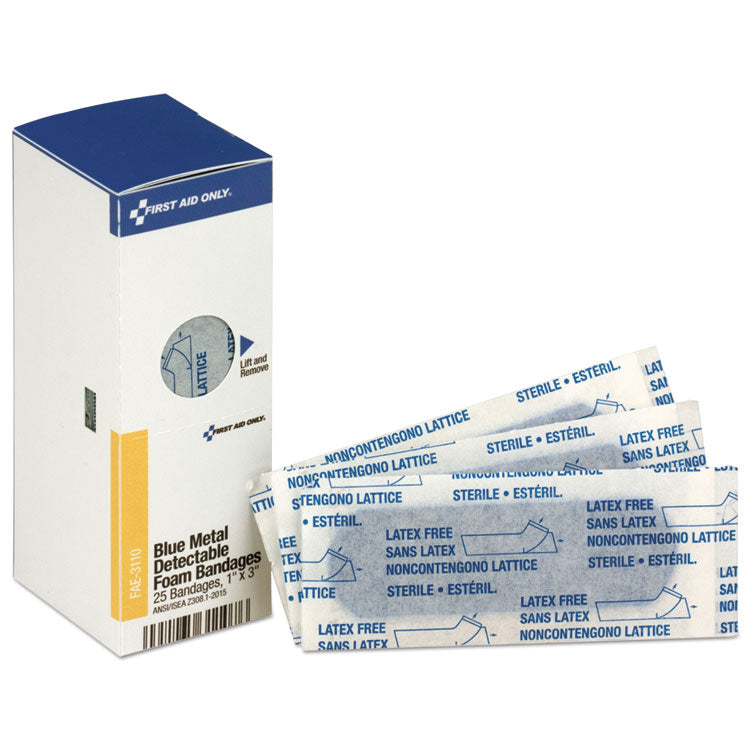 Metal Detectable Adhesive Bandages, Blue, 1 x 3, 25/Box