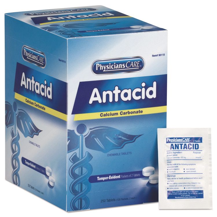 Over the Counter Antacid Medications for First Aid Cabinet, 2 Tablets/Packet, 125 Packets/Box