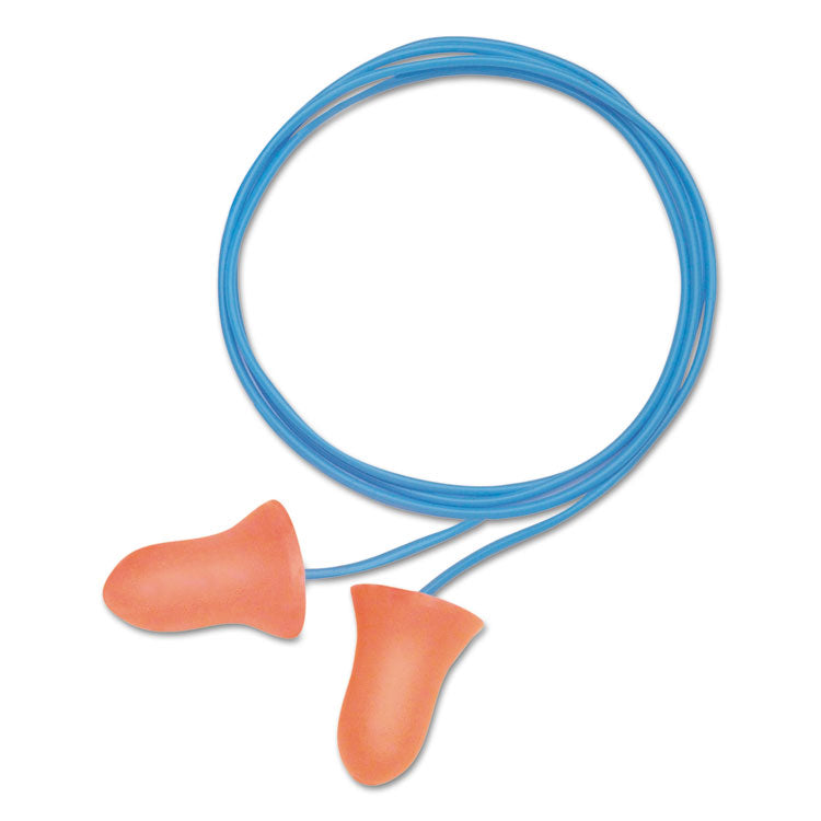 MAXIMUM Single-Use Earplugs, Corded, 33 dB NRR, One Size Fits Most, Coral Bell/T-Shaped Plugs, 100/Box