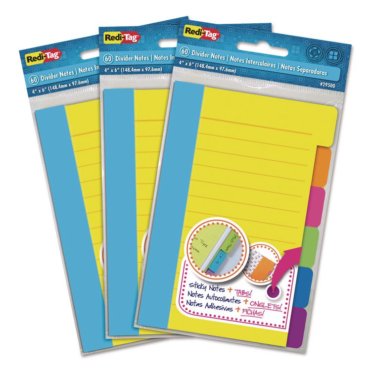 Divider Sticky Notes, 6-Tab Sets, Note Ruled, 4" x 6", Assorted Colors, 60 Sheets/Set, 3 Sets/Pack
