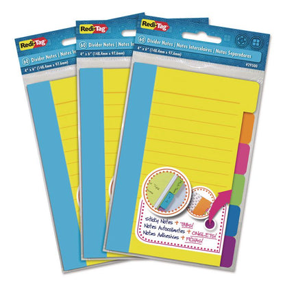 Divider Sticky Notes, 6-Tab Sets, Note Ruled, 4" x 6", Assorted Colors, 60 Sheets/Set, 3 Sets/Pack