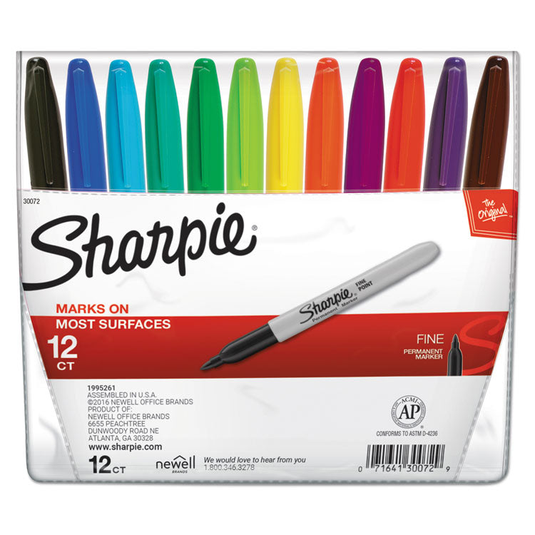 Fine Tip Permanent Marker, Fine Bullet Tip, Assorted Colors, 12/Set