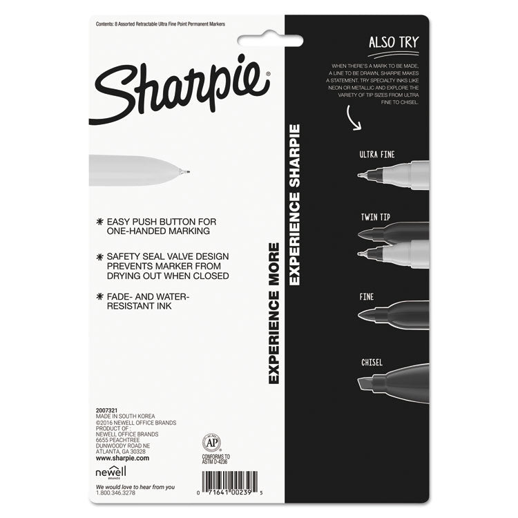 Retractable Permanent Marker, Extra-Fine Needle Tip, Assorted Colors, 8/Set