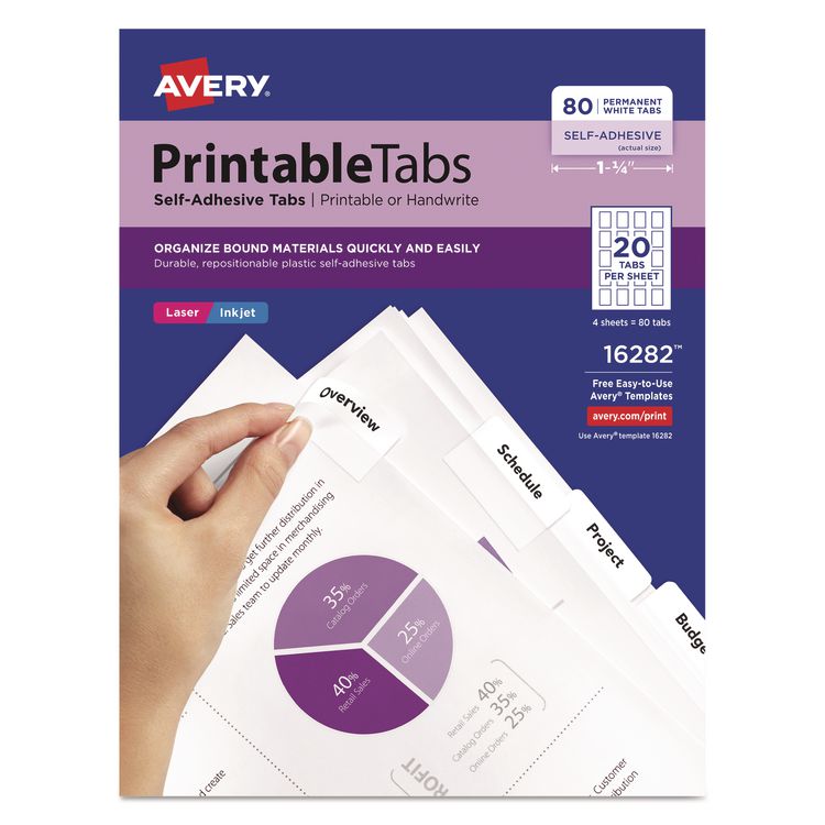 Printable Plastic Tabs with Repositionable Adhesive, 1/5-Cut, White, 1.75" Wide, 80/Pack
