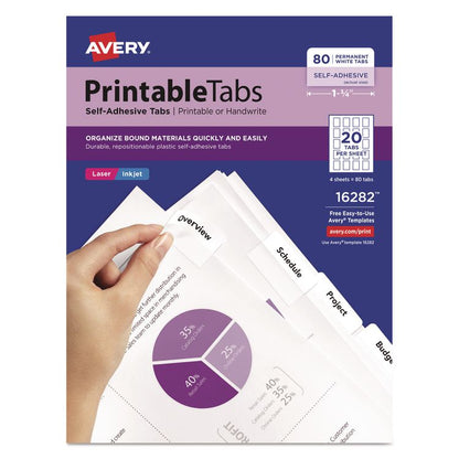 Printable Plastic Tabs with Repositionable Adhesive, 1/5-Cut, White, 1.75" Wide, 80/Pack