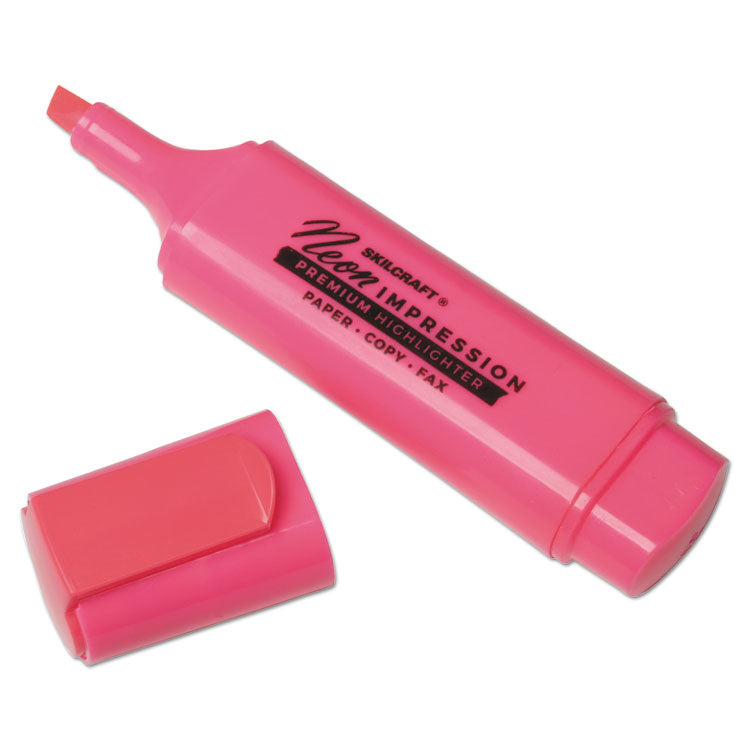 7520013519146, SKILCRAFT Flat Fluorescent Highlighter, Fluorescent Pink Ink, Chisel Tip, Pink Barrel, Dozen