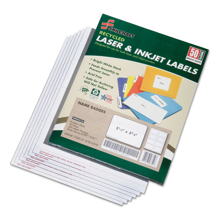 7530015789299, SKILCRAFT Adhesive Name Badge Labels, Inkjet/Laser Printers, 2.33 x 3.38, White, 8/Sheet, 50 Sheets/Box