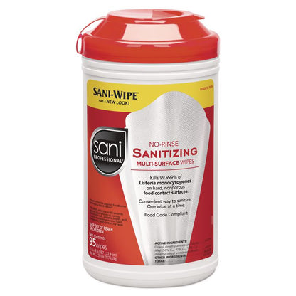 No-Rinse Sanitizing Multi-Surface Wipes, Unscented, White, 95/Container
