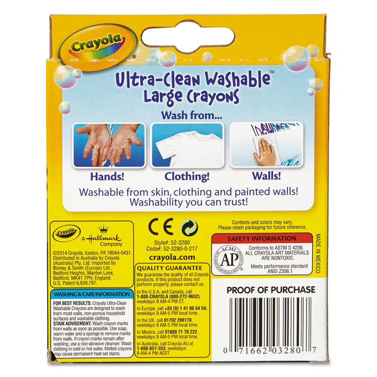 Ultra-Clean Washable Crayons, Large Size, 0.44" x 4", 8 Assorted Colors, 8/Pack