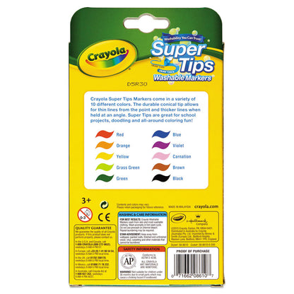 Washable Super Tips Markers, Fine/Broad Bullet Tips, Assorted Colors, 10/Set