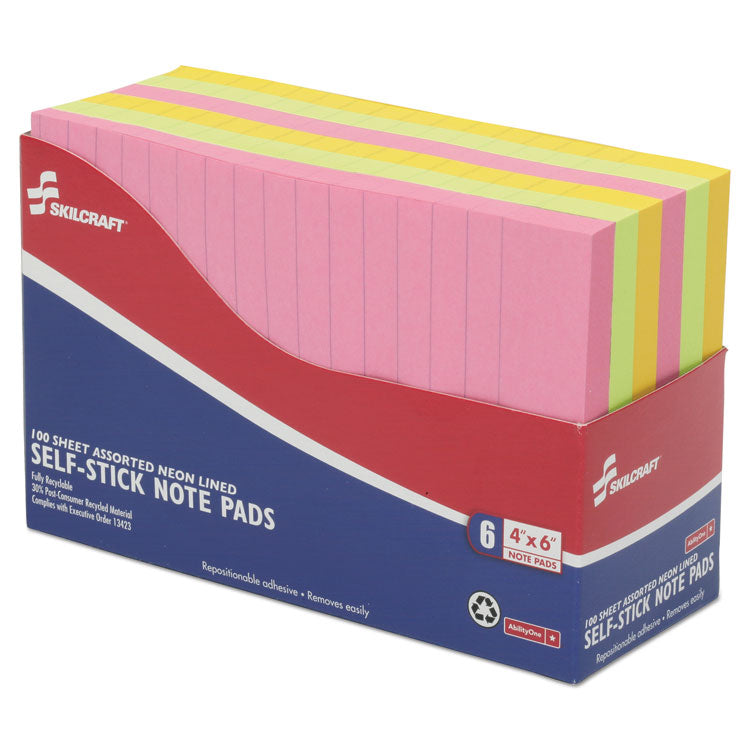 7530014181212, SKILCRAFT Self-Stick Note Pads, Note Ruled, 4" x 6", Assorted Neon Colors, 100 Sheets/Pad, 6 Pads/Pack